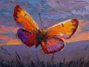 Schilderij van een oranje-paarse vlinder boven een lavendelveld bij zonsondergang
