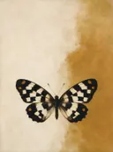 Schilderij van vlinder in zwart en gebroken wit, in vlakke kleurvlakken