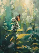 Schilderij van een vlinder op een witte bloem