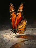 Schilderij van een vlinder op een notenbalk