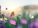 Meerdere vlinders vliegen tussen roze en witte bloemen in een wazige bloemenweide.