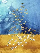 Schilderij met vlinders die opstijgen uit een goudkleurig veld