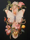 Decoratieve compositie met witte en oranje vlinders, roze pioenrozen, perzik en sinaasappel op zwarte achtergrond