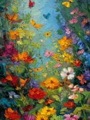 Schilderij van meerdere vlinders in een bloementuin met blauwe lucht
