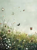 Schilderij van vlinders boven een bloemenwei