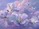 Schilderij van lila bloemen en vlinders tussen roze wolken.