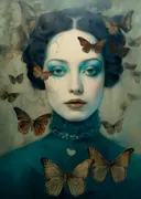 Vrouw met gebarsten gezicht en vlinders schilderij, surrealistisch portret