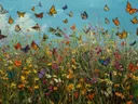 Schilderij van een bloemenweide met meerdere vlinders onder een blauwe lucht