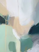 Abstract marmerschilderij in zand en teal met gouden aderen