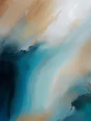 Abstract vloeiend schilderij in turquoise en zandtinten met gouden accenten