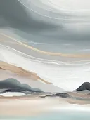 Abstract schilderij met een vloeiende horizon in grijs en zand