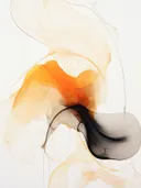 Abstract schilderij met vloeiende, rookachtige vormen in oranje en zwart.