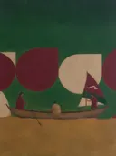 Schilderij van voertuig in bordeaux en bosgroen