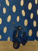 Schilderij van voertuig in nachtblauw en goud