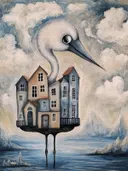 Surrealistisch schilderij van een vogel met een lichaam gevormd uit huizen, staand in water met wolkenlucht