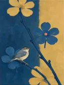 Schilderij van vogel op een tak in kobalt en oker, in vlakke kleurvlakken