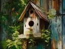 Schilderij van een houten vogelhuisje aan een boomtak