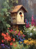 Schilderij van een vogel bij een vogelhuisje tussen bloemen