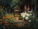 Schilderij van een gouden vogelkooi tussen tuinbloemen