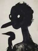 Silhouet met vogelsnavel naast een zwarte kraai