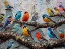 Schilderij van meerdere kleurrijke vogels verspreid over boomtakken