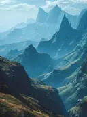 Schilderij van vogels vliegend tussen blauwe bergspitsen