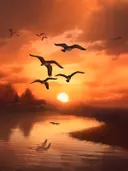 Vogels vliegen over meer bij zonsondergang