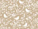 Patroon van witte vogels en bloesemtakken op taupe achtergrond