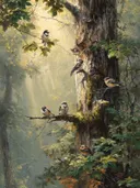 Kleine vogels op boomstam in bos, olieverfschilderij