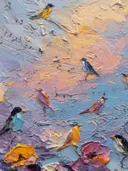 Kleurrijke vogels tussen muzieknoten en bloemen, olieverfschilderij