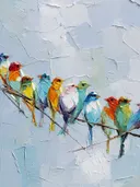 Rij kleurrijke vogels op tak tegen lichte achtergrond, olieverfschilderij