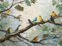 Schilderij van vogels op een tak met groene bladeren