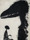 Surrealistisch wezen met vogelschedelkop naast klein figuurtje