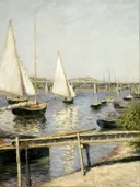 Voiliers à Argenteuil van Gustave Caillebotte: zee met zeilboten, water, rivier en steiger, in helder blauw en wit