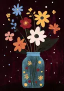 Volkskunst schilderij van gemengde bloemen in een pot