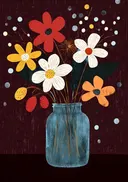 Volkskunst schilderij van bloemen in een blauwe pot