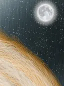 Surrealistisch schilderij met volle maan boven gouden heuvel