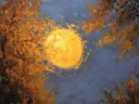 Schilderij van een volle maan boven een herfstlandschap