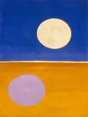 Schilderij van volle maan boven het land in kobalt en oker, in vlakke kleurvlakken