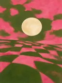 Schilderij van volle maan boven het land in roze en olijf, in vlakke kleurvlakken
