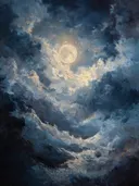 Volle maan tussen gouden wolken, olieverfschilderij van de nachtlucht