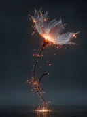Schilderij van een gloeiende bloem met vonken die neerregenen boven water