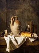 Voorbereidingen voor een rustieke lunch van Didier Descouens: stilleven met kruik, brood, wijnglas en boeken, in donkerbruin met wit