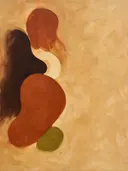 Vormen langs de linkerrand in terracotta, abstract schilderij met organische vormen