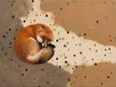Schilderij van vos in camel en ivoor, in vlakke kleurvlakken