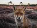 Vos op de heide in pruim, landschap schilderij