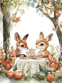 Vosjes die theedrinken tussen fruitbomen