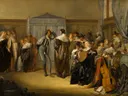 Vrolijk gezelschap met gemaskerde dansers van Pieter Codde: interieur met gezelschap, dansers, maskers en zaal, in warm beige met zwart