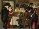 Vrolijk gezelschap van Dirck Hals: interieur met gezelschap, tafel, wijn en muziek, in warm bruin met rood