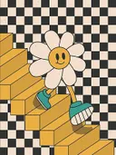 Vrolijk madeliefje op de trap, surrealisme schilderij